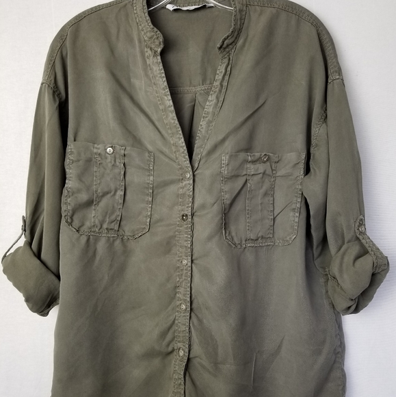 Zara Tops - Zara Olive Green Military Shirt Tab Sleeve Pockets Band Collar Size Medium